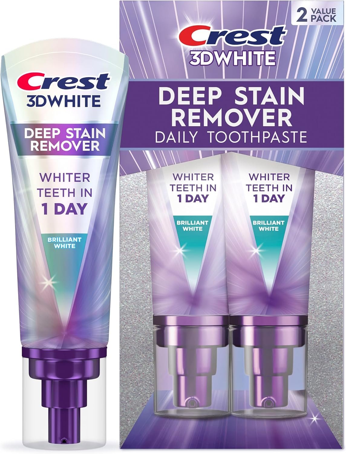 81HgeF1JedL._AC_SL1500_ Crest 3D White Deep Stain Remover Brilliant White Toothpaste, 3.1 oz (Pack of 2), Whiter Teeth in 1 Day, Enamel Safe Fluoride Toothpaste for Fast Stain Removal and Prevention - Image 1