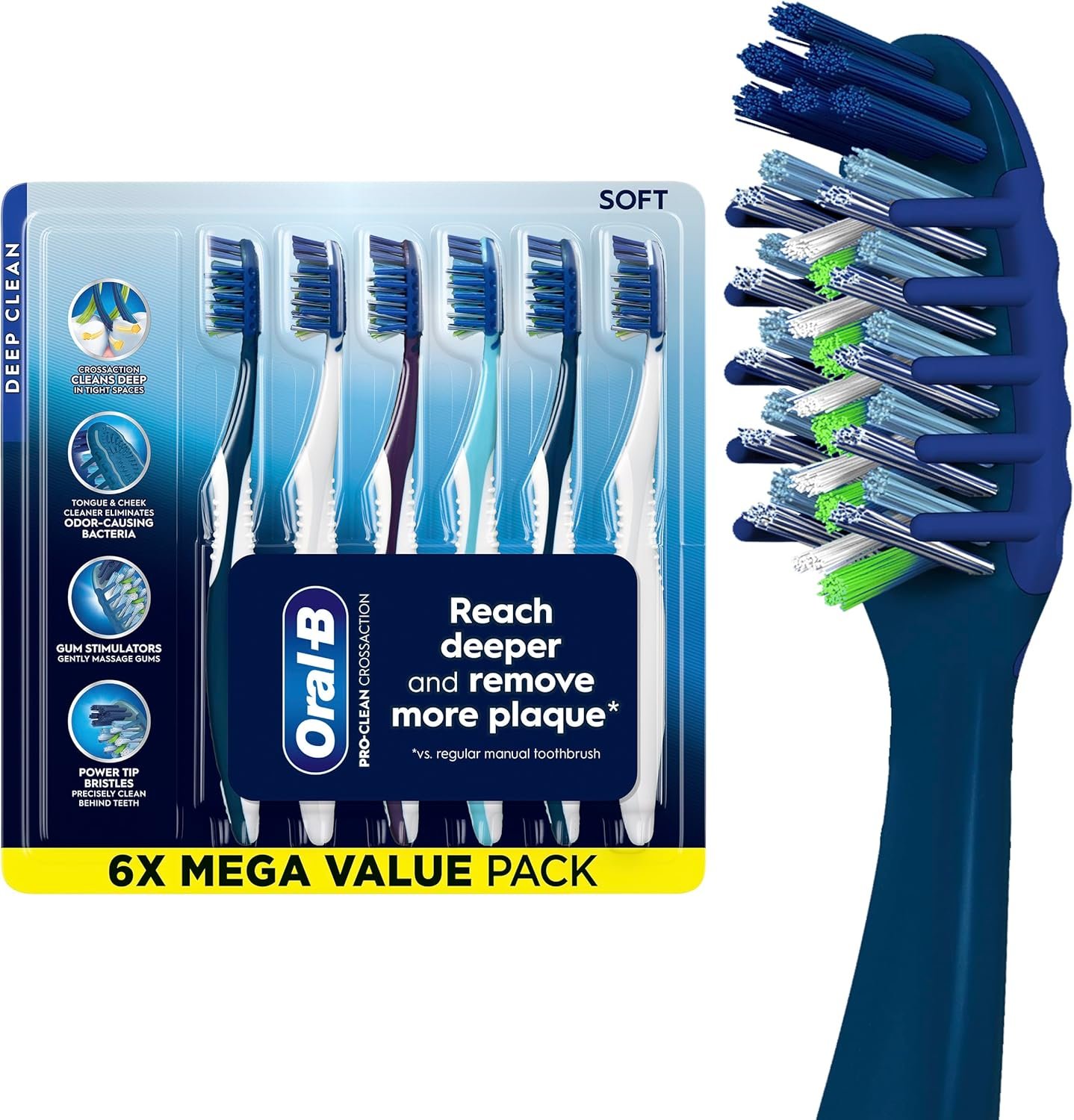81J5veDchrL._AC_SL1500_ Oral-B Pro Clean Cross Action Toothbrushes, Deep Plaque Removal, 6 Count - Image 1