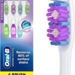 Oral-B 3D White Manual Toothbrush, 4-Pack, Stain Eraser, Soft Bristle Brushes, Adult Teeth Whitening, Daily Plaque Removal, Built-in Tongue Scraper Cheek Cleaner, Travel Size Toiletries