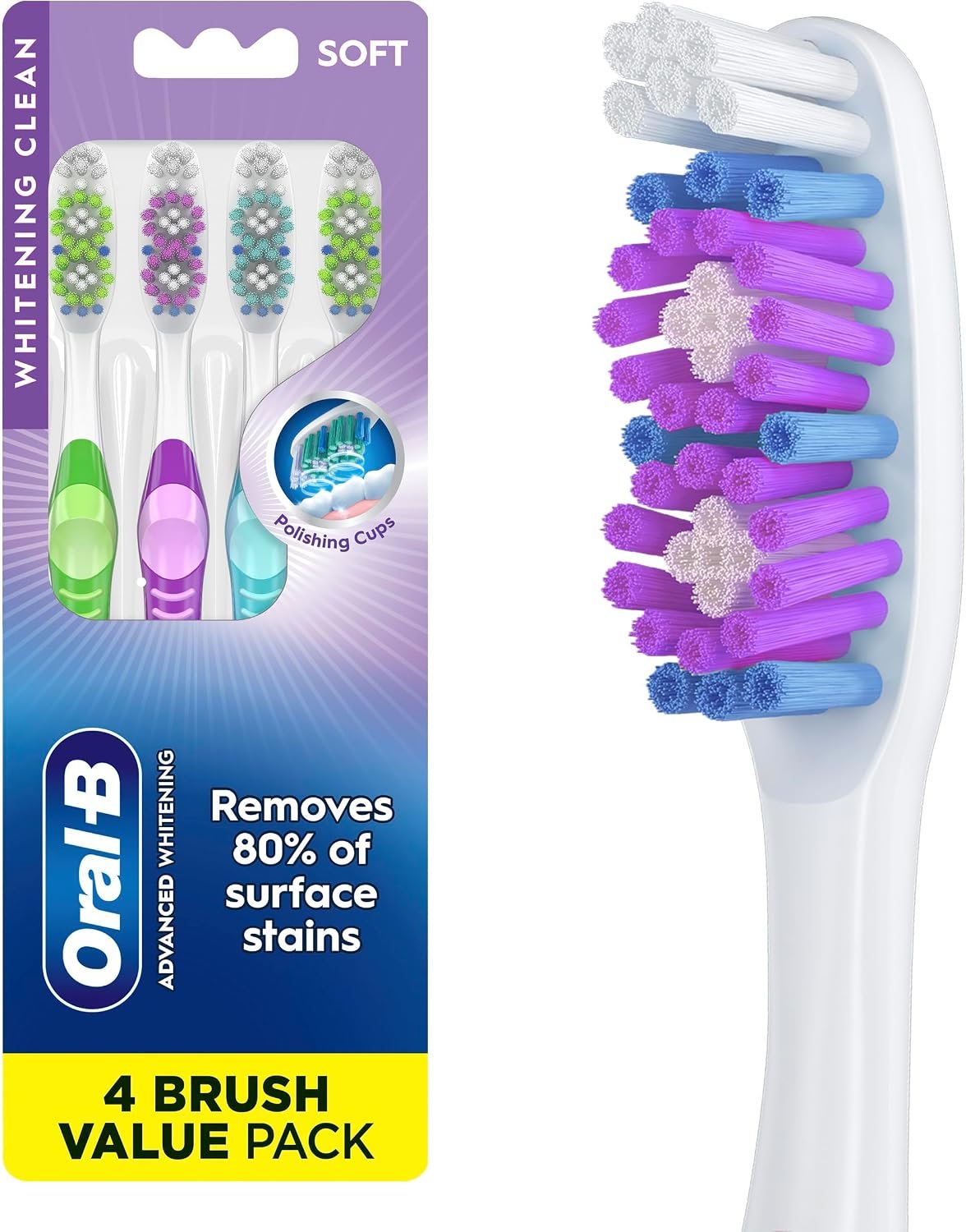 81JPICGH34L._AC_SL1500_ Oral-B 3D White Manual Toothbrush, 4-Pack, Stain Eraser, Soft Bristle Brushes, Adult Teeth Whitening, Daily Plaque Removal, Built-in Tongue Scraper Cheek Cleaner, Travel Size Toiletries - Image 1