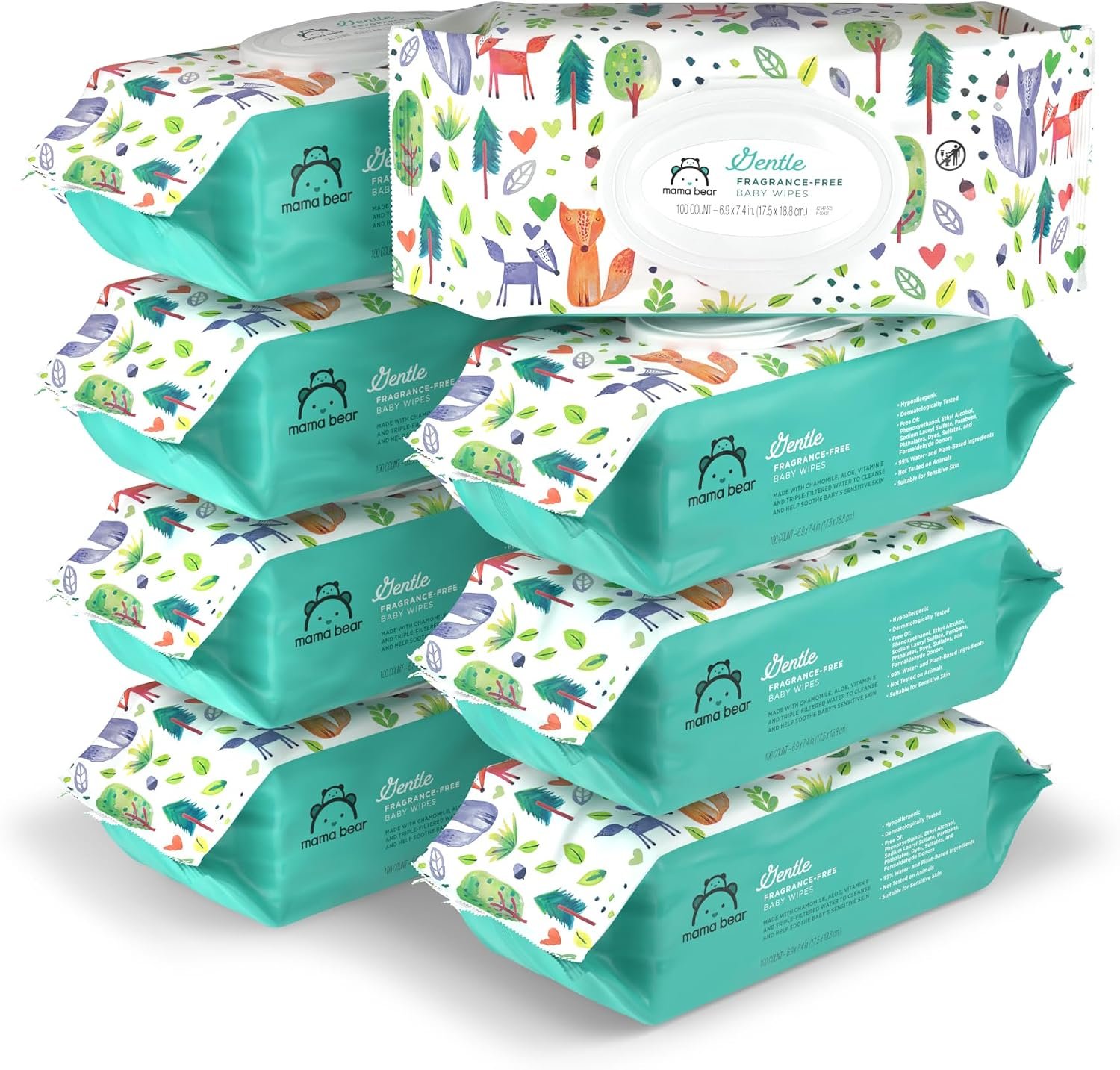 81Jy7FW1vEL._AC_SL1500_ Amazon Brand - Mama Bear Gentle Formulated without Fragrance Baby Wipes, Hypoallergenic, Sensitive Skin, Unscented, 800 Count (8 Packs of 100) - Image 1