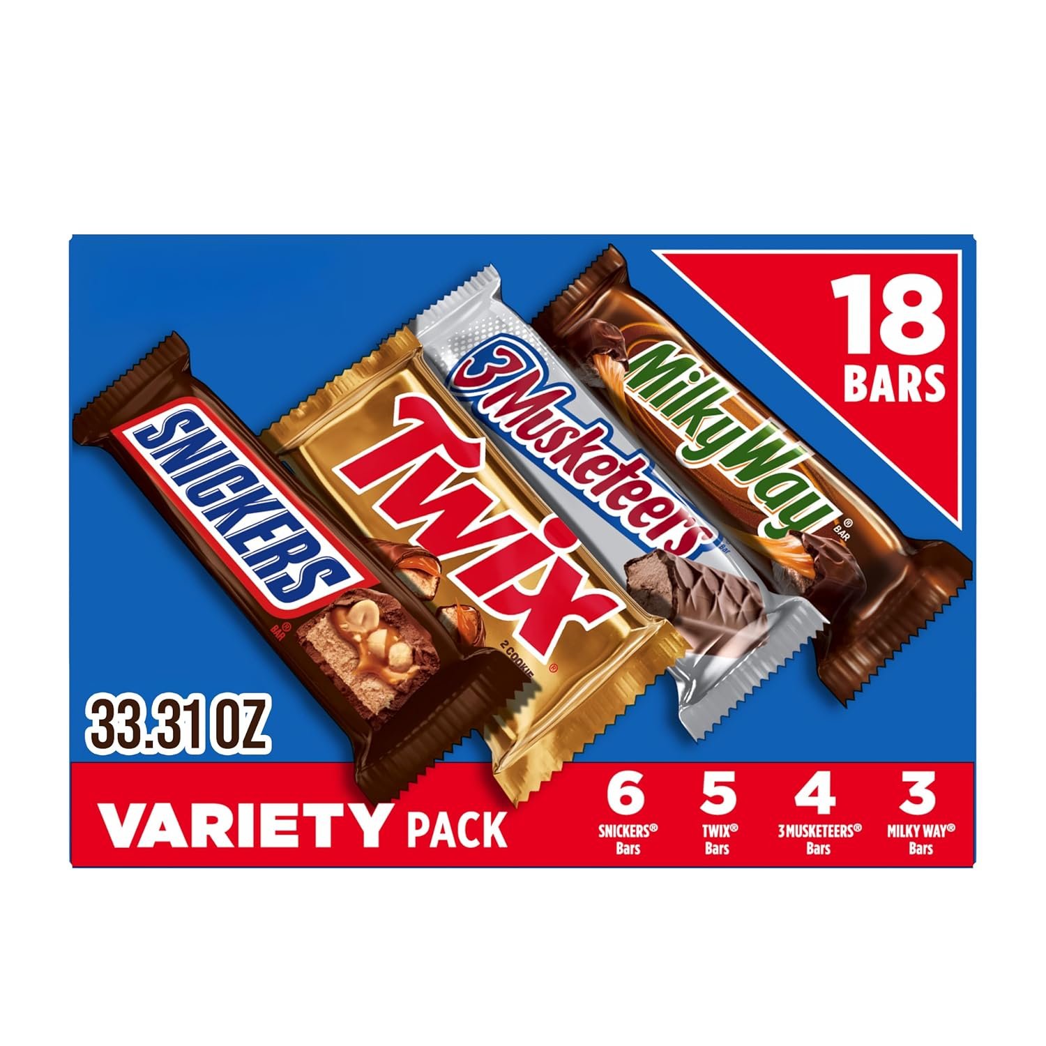 81Lt5lS62rL._SL1500_ SNICKERS, TWIX, 3 MUSKETEERS, MILKY WAY Full Size Back to School Chocolate Bar Variety Pack, 18 ct Bulk Candy Box - Image 1