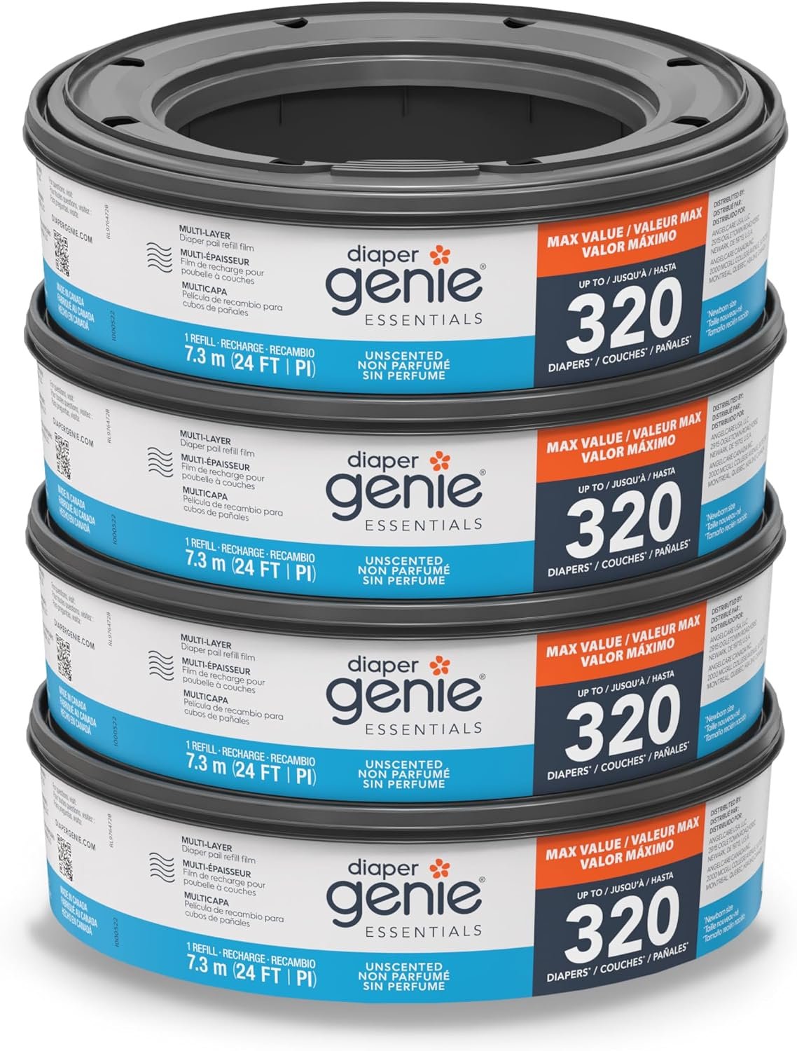 81MVrp15XbL._AC_SL1500_ Diaper Genie Essentials Round Refill 4-Pack | Holds Up to 1280 Newborn Diapers | Features Unscented Continuous Film | Compatible with Diaper Genie Complete and Expressions Pails - Image 1