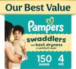 Swaddlers Diapers, Size 4 (15-34 lbs), 150 Count, Fragrance Free, Hypoallergenic, Absorbent, Pediatrician Recommended, Skin Safe