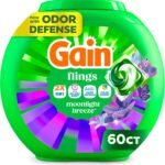 Gain Flings Liquid Washing Detergent Pacs with Odor Defense + Color Guard, Moonlight Breeze Scent, 4-In-1 Liquid Laundry Detergent Pods, Clean & Fresh, 60 Count (Packaging May Vary)