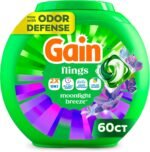 Gain Flings Liquid Washing Detergent Pacs with Odor Defense + Color Guard, Moonlight Breeze Scent, 4-In-1 Liquid Laundry Detergent Pods, Clean & Fresh, 60 Count (Packaging May Vary)