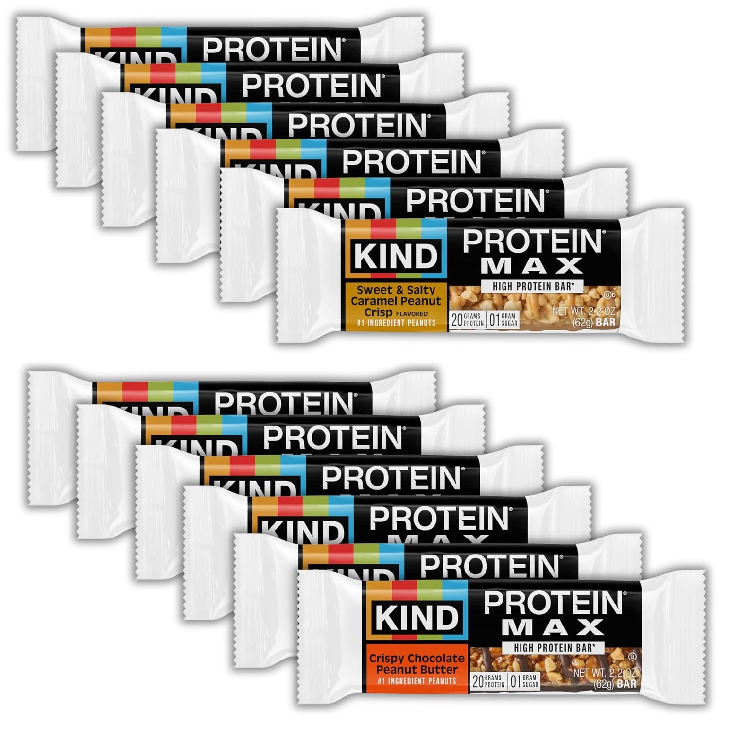 81SBCwNsuBL._SL1500_ KIND Protein MAX Bars Variety Pack, Gluten Free, Low Sugar, High Fiber Snacks, Sweet & Salty Caramel Peanut Crisp, Crispy Chocolate Peanut Butter, 20g Protein, 12 Count - Image 1