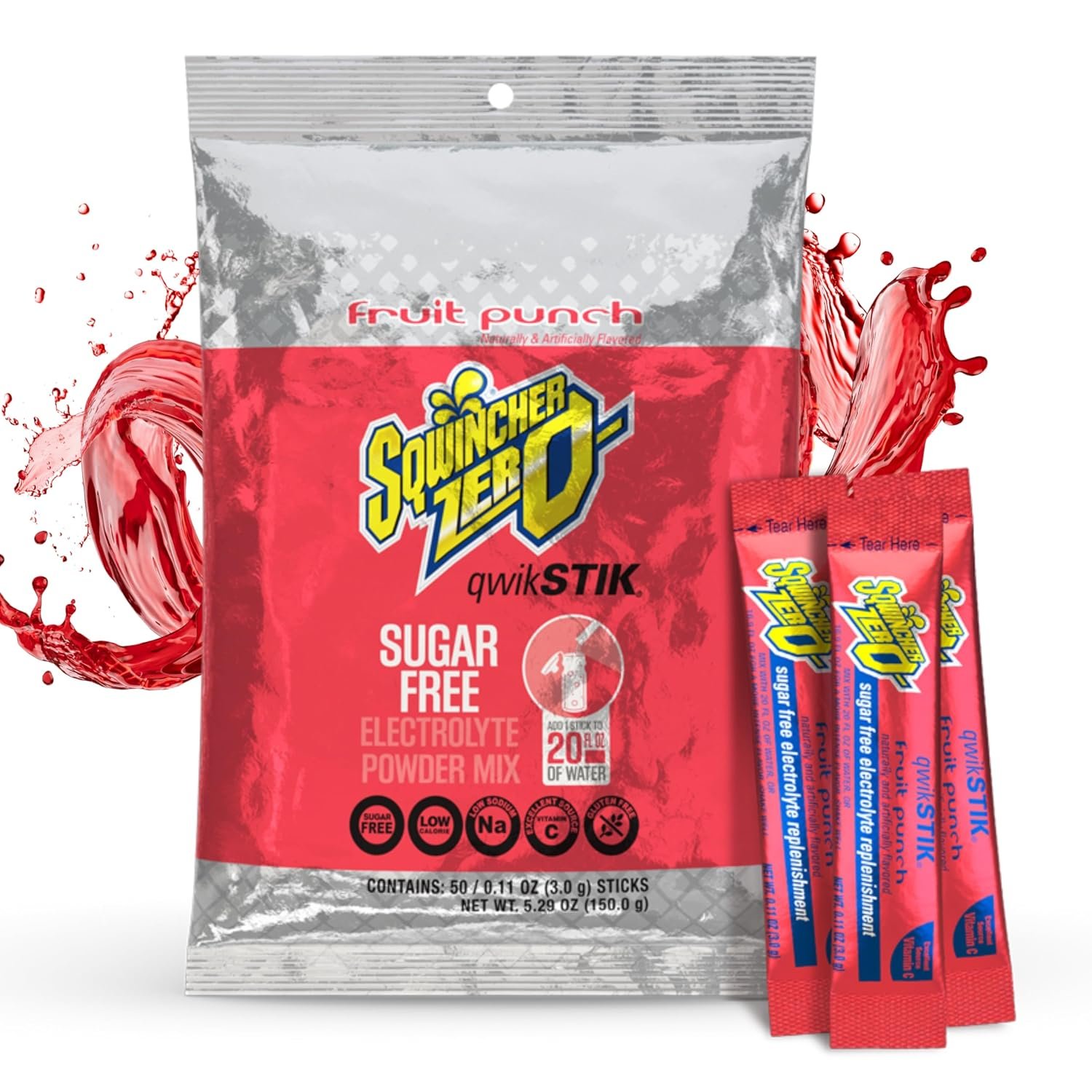 81U1TrXgjuL._SL1500_ Sqwincher Qwik Stik, Sugar Free, Fruit Punch Flavor, .11oz Packet, 50 Pack - Image 1
