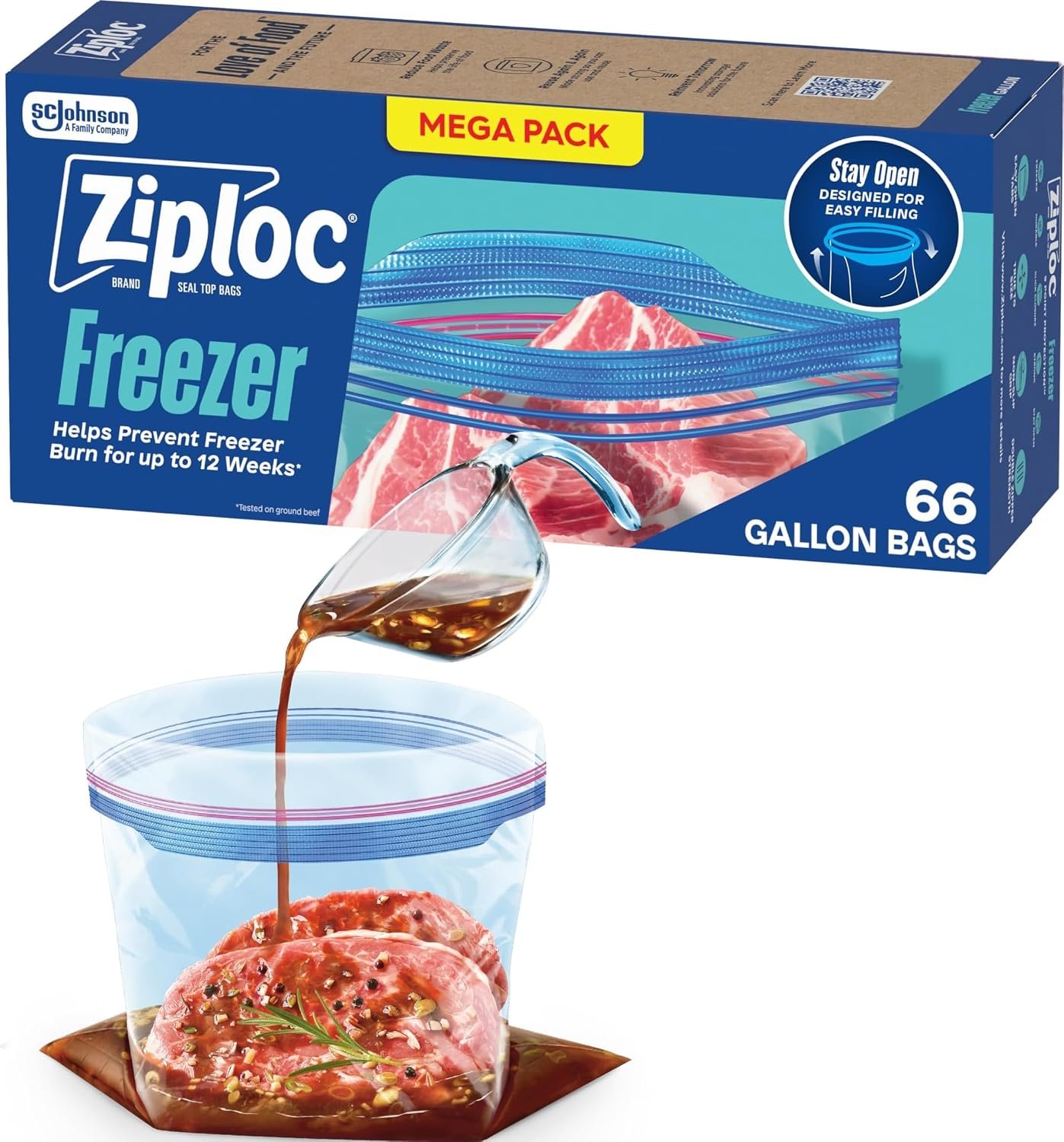 81UK8cAe1TL._AC_SL1500_ Ziploc Gallon Freezer Bags, Food Storage, Stand-Up Bottom, 66 Count - Image 1