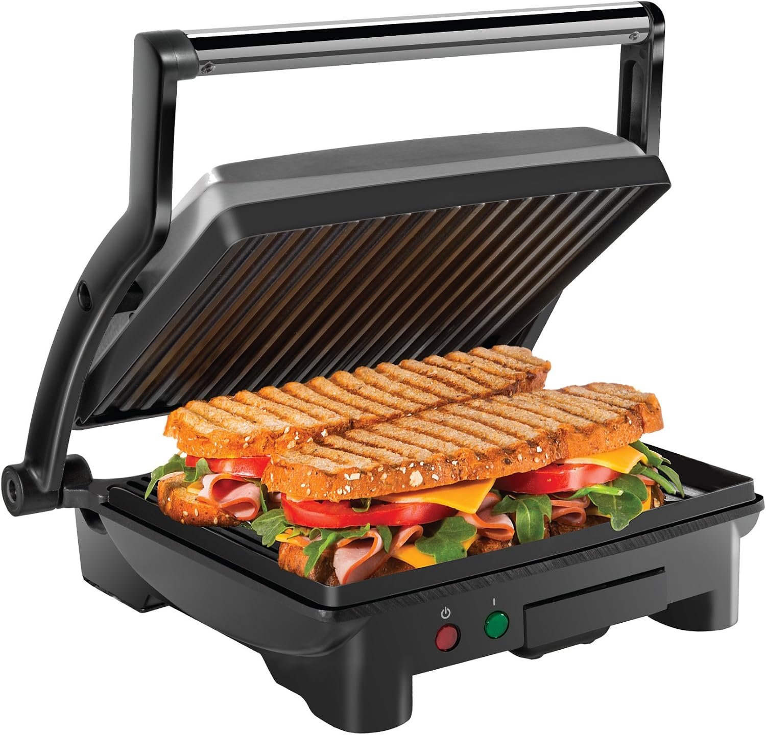81UsdTZoXLL._AC_SL1500_ Chefman Panini Press Grill and Gourmet Sandwich Maker Non-Stick Coated Plates, Opens 180 Degrees to Fit Any Type or Size of Food, Stainless Steel Surface and Removable Drip Tray, 4 Slice, Black - Image 1