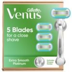 Gillette Venus Razor for Women, Extra Smooth, Includes 1 Reusable Razor Handle + 4 count 5-Bladed Razor Refills, Women's Razor with Durable Metal Handle and Shower Holder