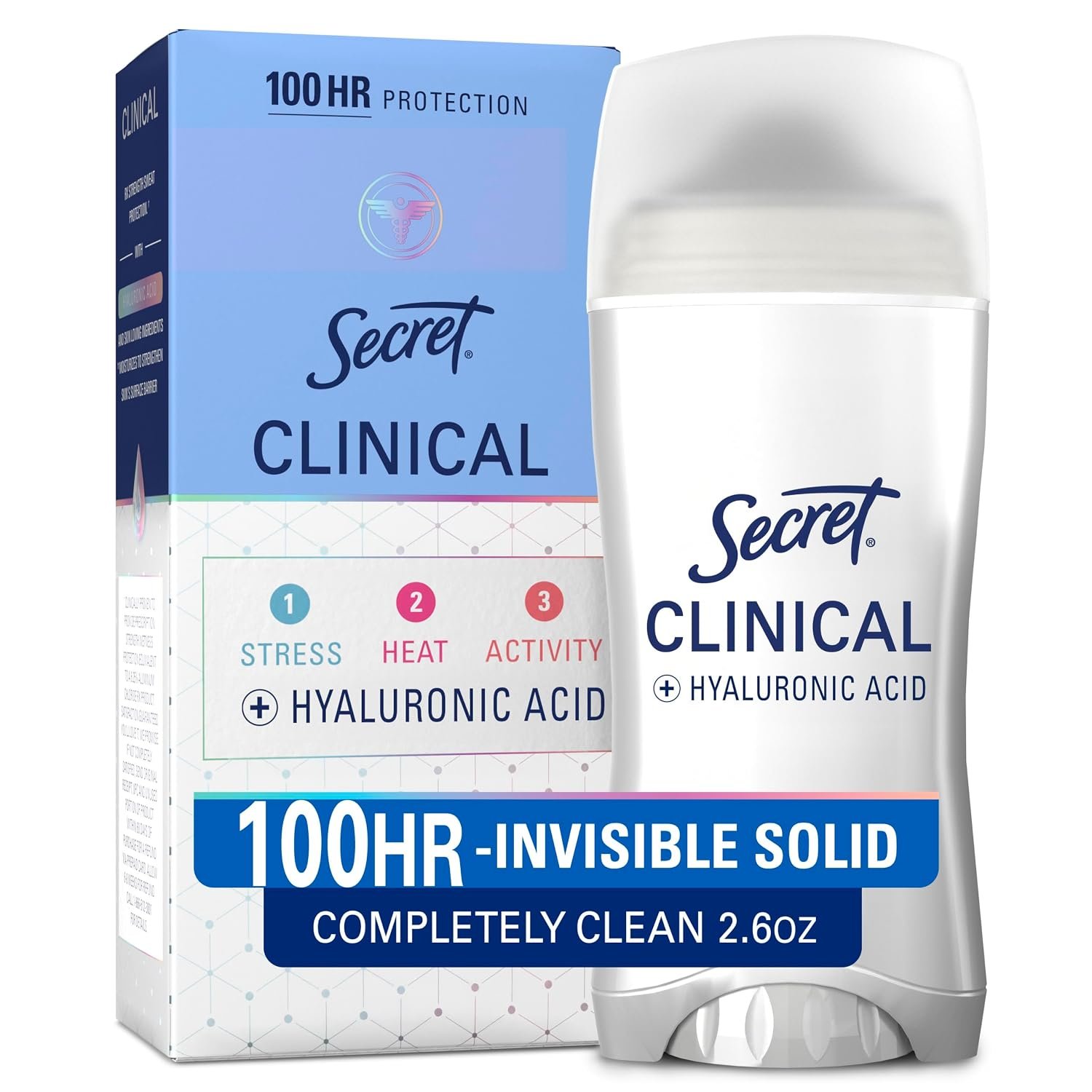 81aMjP3jQ1L._SL1500_ Secret Clinical Strength 100HR Antiperspirant Deodorant for Women, 3X Sweat & Odor Protection vs. Ordinary Antiperspirant, Hyaluronic Acid, Completely Clean, Invisible Solid 2.6 oz - Image 1