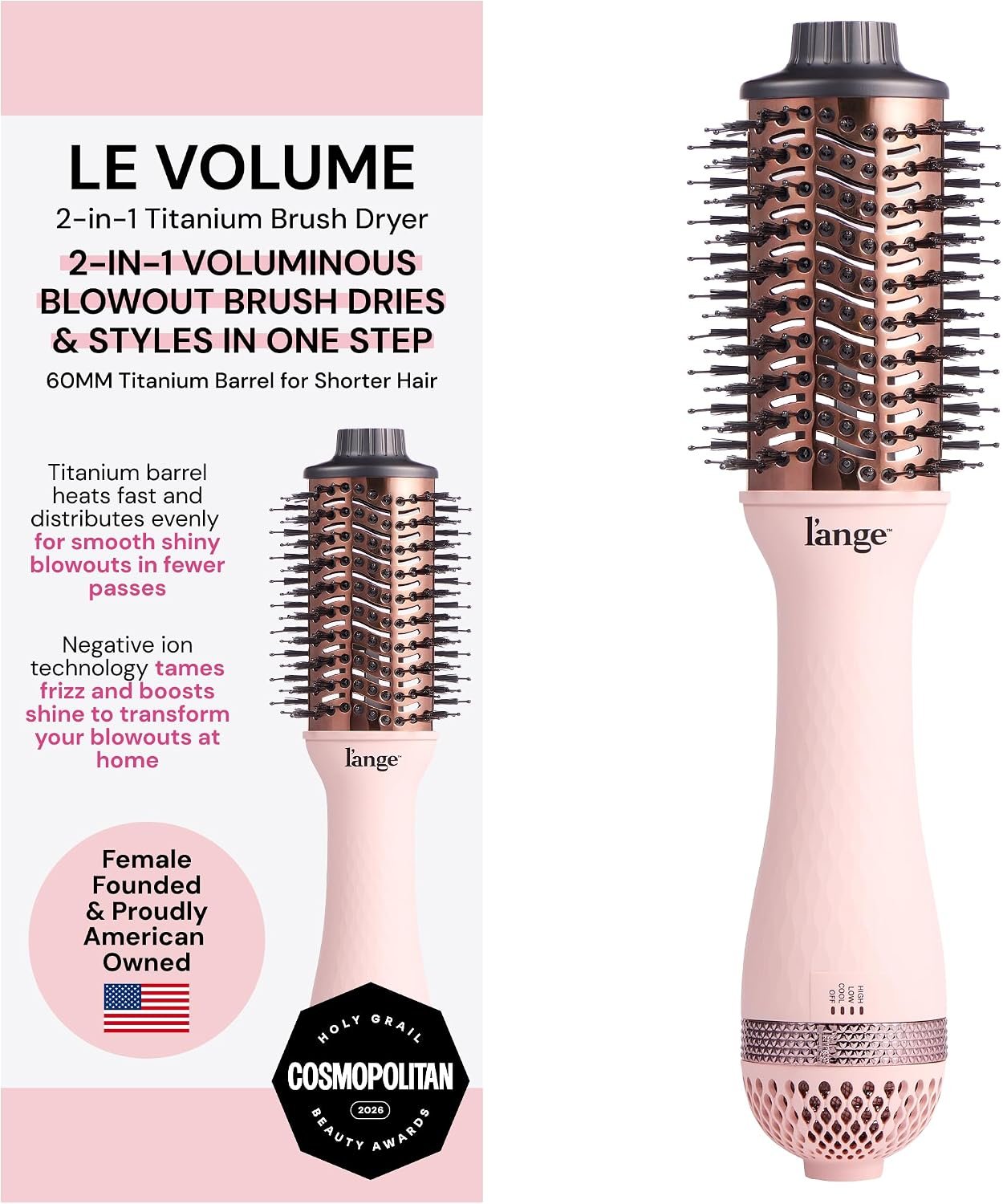 81c5IXFAP8L._AC_SL1500_ L'ANGE HAIR Le Volume 2-in-1 Titanium Blow Dryer Brush | Frizz Control Blowout Hair Dryer Brush for Drying and Styling | Volumizing Hot Air Styler for All Hairstyles | Oval Barrel | Blush - 60mm - Image 1
