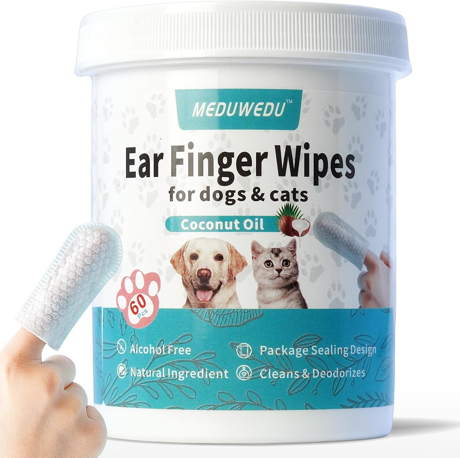 81ecDK1ylvL._AC_SL1500_ MEDUWEDU Ear Cleaner Finger Wipes 60 Counts, Dog Ear Cleaner, Grooming Kit Care for Dogs and Cats, Soft & Easy Otic Cleaning Pads, Remove Wax, Dirt & Stop Smelly, Itchy, Non-Irritating, Coconut Scent - Image 1