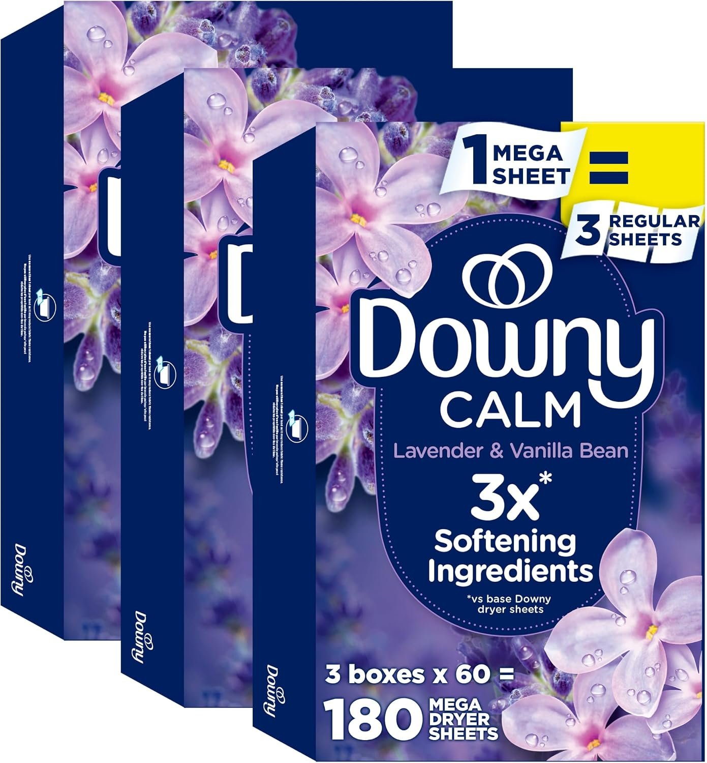 81iwmtbY6PL._AC_SL1500_ Downy Calm Mega Dryer Sheets, Large Fabric Softener Sheets for Laundry , Static Guard & Softness Boost, Laundry Dryer and Fabric Sheets, 180 Count - Image 1