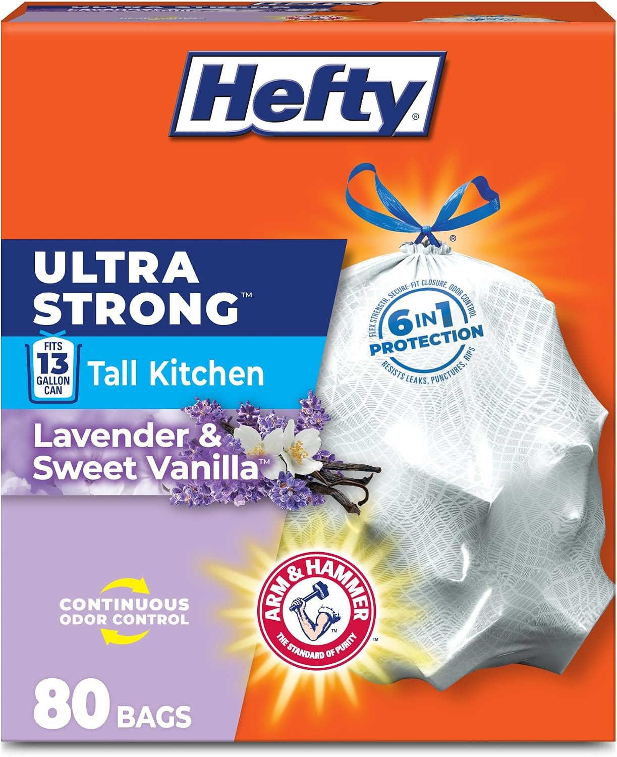 81kB4aL-qBL._AC_SL1500_ Hefty Ultra Strong 13 Gal Kitchen Trash Bags, White, Lavender Vanilla, 80ct - Image 1