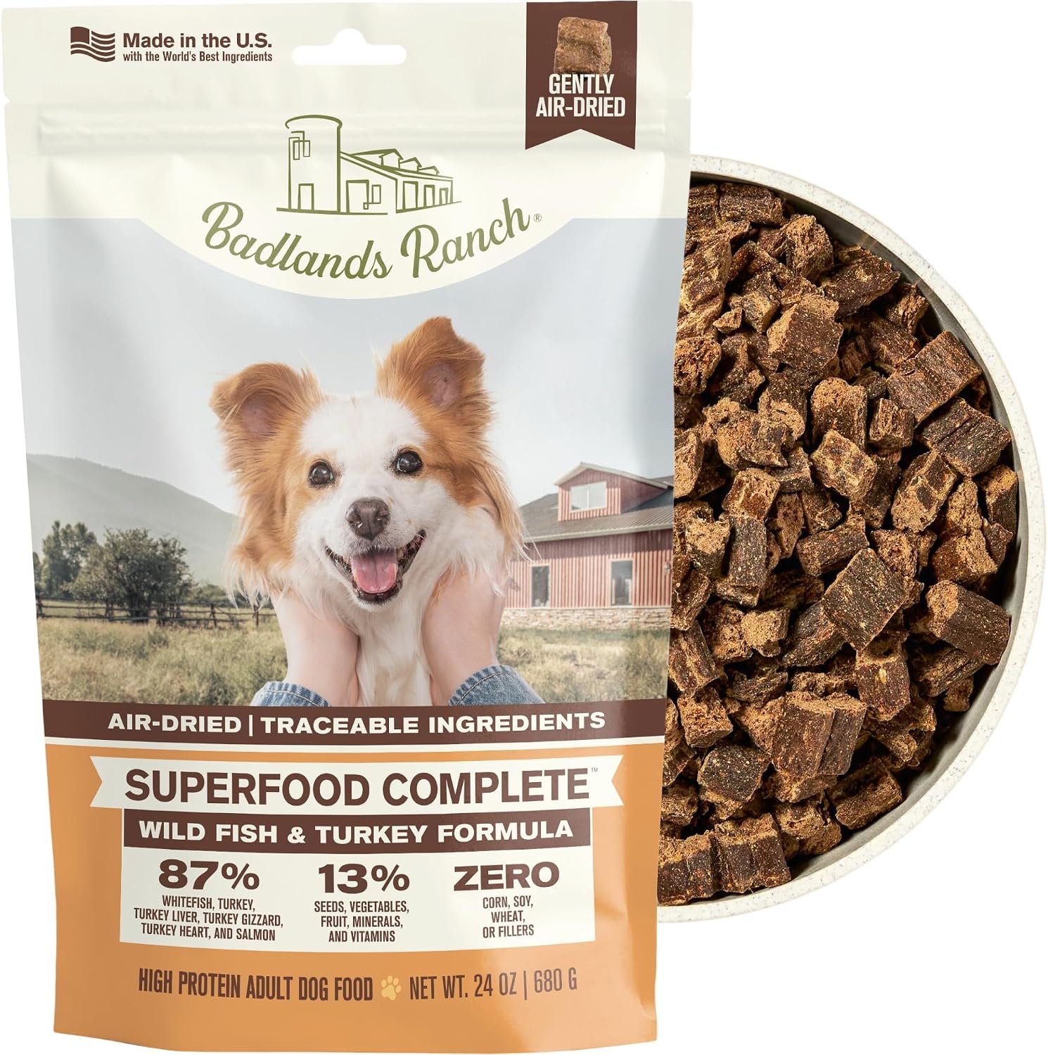81pBHDLRcWL._AC_SL1500_ BADLANDS RANCH Air-Dried Fish & Turkey Dog Food, 87% Meat, 24 oz - Image 1