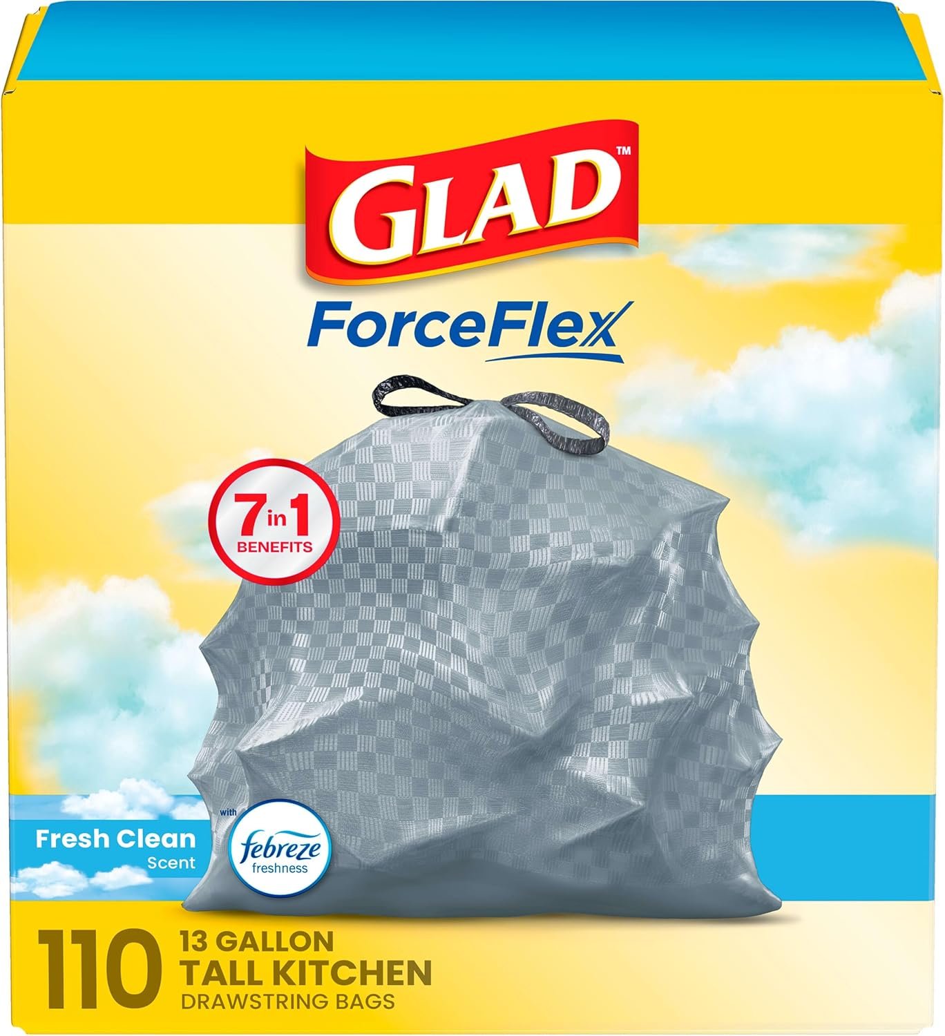 81uLUyKS2FL._AC_SL1500_ Glad Tall Kitchen Drawstring Trash Bags - Odorshield 13 Gallon White Trash Bag, Febreze Fresh Clean, 110 Count - Image 1