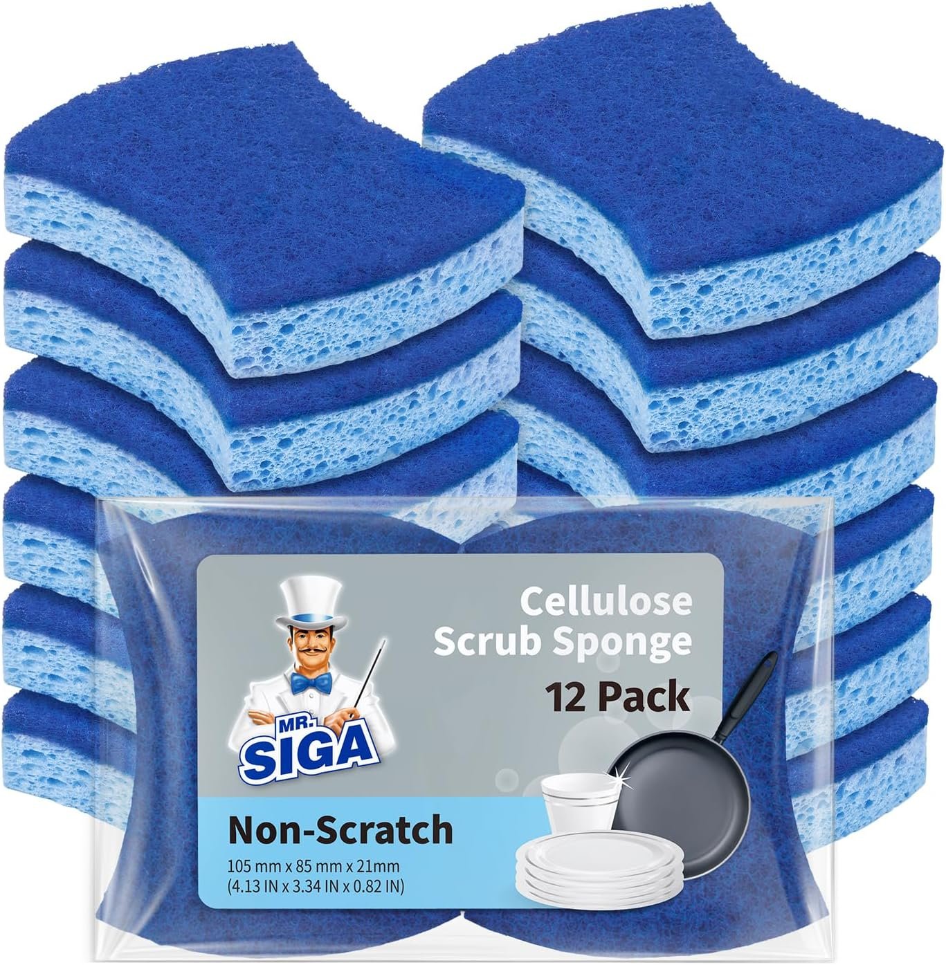 81wUsIH6xuL._AC_SL1500_ MR.SIGA Non-Scratch Cellulose Scrub Sponge, Dual-Sided Dish Sponge, 12 Pack - Image 1