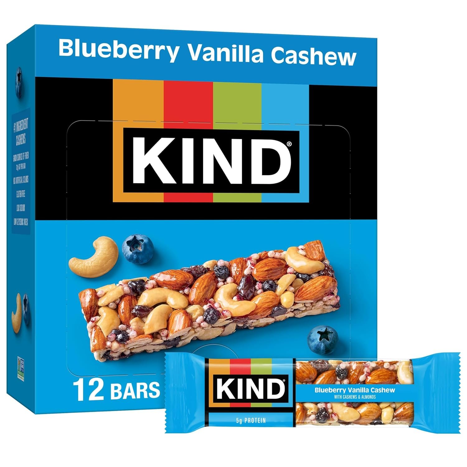 81wpwSzWvwL._SL1500_ KIND Healthy Snacks Bars, Blueberry Vanilla Cashew, Gluten Free, 5g Protein, 12 Count - Image 1