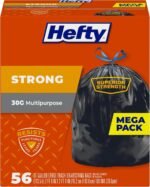 Hefty Strong 30 Gallon Trash Bags, Large Trash Bags 30 Gallon Size, Durable Drawstring Enclosure, Resists Punctures, Leaks, and Tears, Black, Unscented, 56 Bags