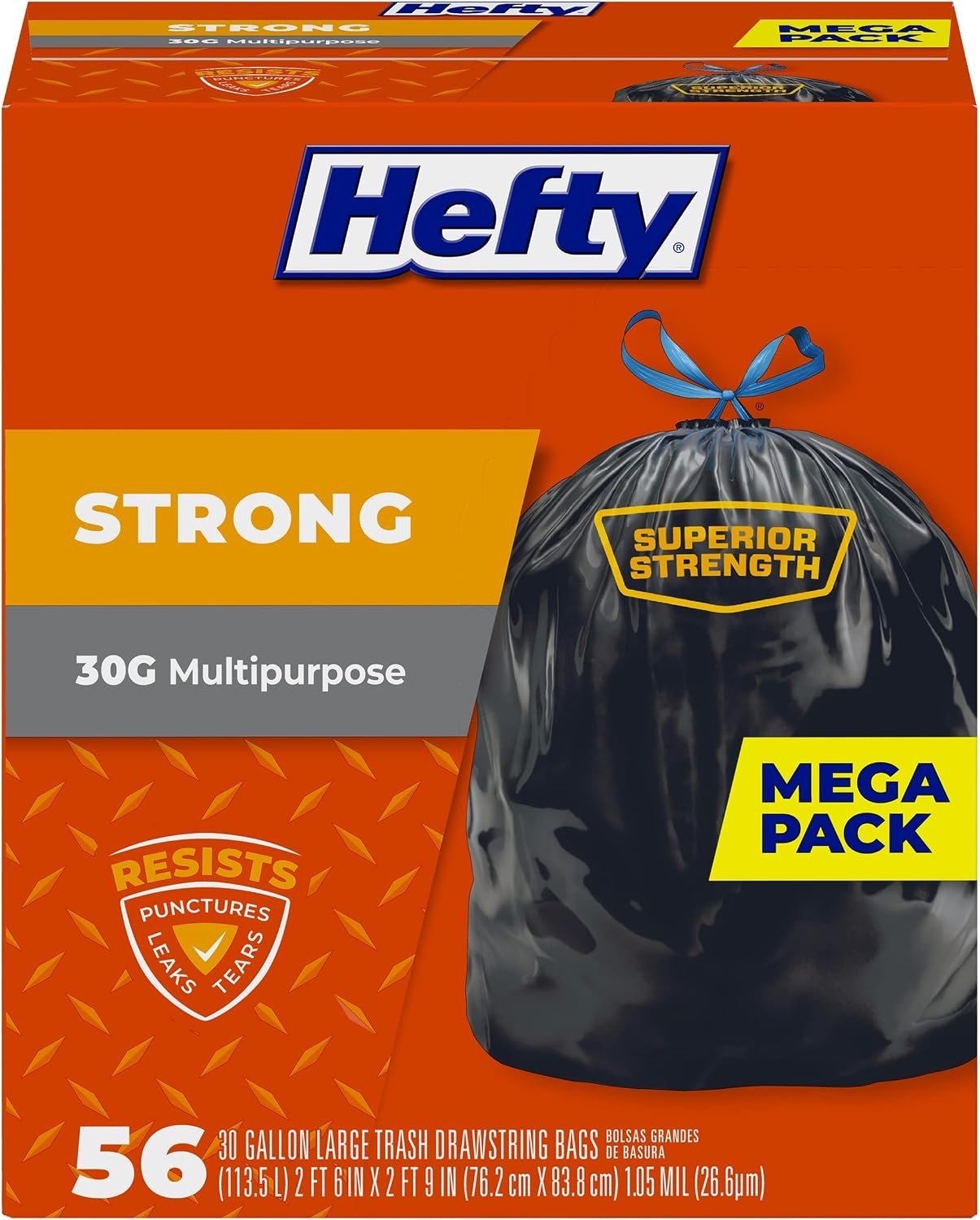 81z7-3dDML._AC_SL1500_ Hefty Strong 30 Gallon Trash Bags, Large Trash Bags 30 Gallon Size, Durable Drawstring Enclosure, Resists Punctures, Leaks, and Tears, Black, Unscented, 56 Bags - Image 1