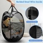 Pop Up Laundry Hamper, 70L Collapsible Mesh Basket with Side Pocket, Black - Image 3