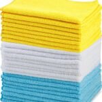 Amazon Basics Microfiber Cleaning Cloths, Ultra Absorbent, Lint Free, Streak Free, Non-Abrasive, Reusable and Washable, 16" x 12", Blue/White/Yellow, Pack of 24