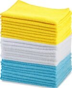 Amazon Basics Microfiber Cleaning Cloths, Ultra Absorbent, Lint Free, Streak Free, Non-Abrasive, Reusable and Washable, 16" x 12", Blue/White/Yellow, Pack of 24