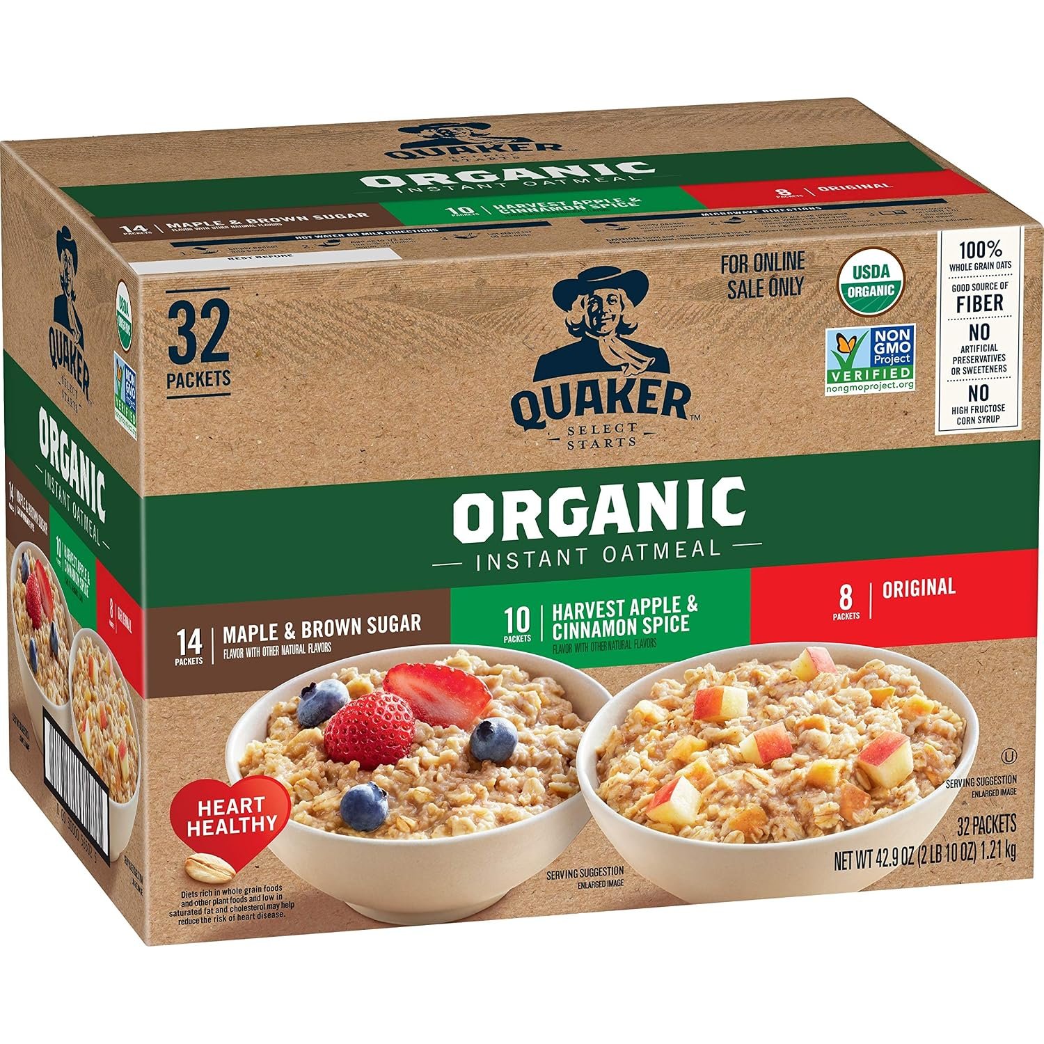 91kuB88h5-L._SL1500_ QUAKER Instant Oatmeal, USDA Organic, Non-GMO Project Verified, 3 Flavor Variety Pack, Individual Packets, 32 Count (Pack of 1) - Image 1